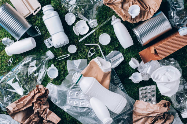 istock Plastic waste, food packaging, trash collection on green moss background after picnic in forest. Plastic free. Top view. Copy space. Recycling plastic. Environmental pollution, ecology concept. 1289340655