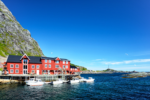 View of the village of Å, Lofoten islands, Norway. Composite photo