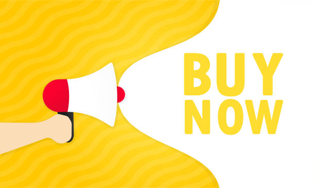 istock Hand holding megaphone with buy now message in bubble speech banner. Loudspeaker. Announcement. Advertising. Vector EPS 10. Isolated on white background 1289341715