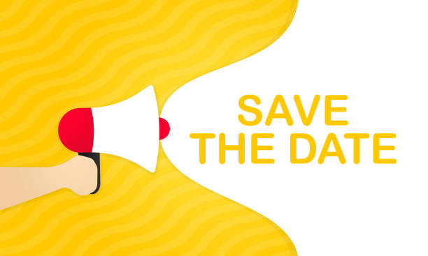 istock Hand holding megaphone with save the date message in bubble speech banner. Loudspeaker. Announcement. Advertising. Vector EPS 10. Isolated on white background 1289341720