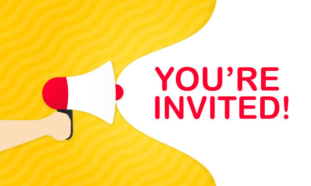 istock Hand holding megaphone with you are invited message in bubble speech banner. Loudspeaker. Announcement. Advertising. Vector EPS 10. Isolated on white background. 1289341744