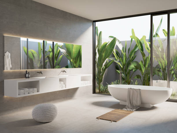 istock 3d render of a modern concrete bathroom with a view to a garden 1289346610