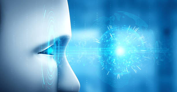 istock Robot humanoid face close up with graphic concept of AI thinking brain 1289346633