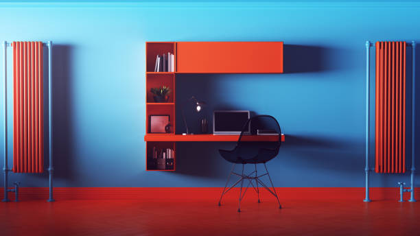 blue and orange modern contemporary home office with small floating desk - orange wall imagens e fotografias de stock