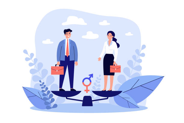 Equal male and female tiny employees standing on balance scale Equal male and female tiny employees standing on balance scale. Vector illustration for gender equality, equal rights, career opportunities, discrimination, workforce, business concept man and woman differences stock illustrations