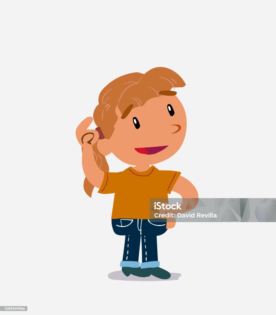 Thoughtful Cartoon Character Of Little Girl On Jeans Scratching ...