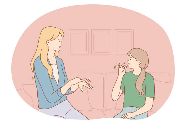 Mother, motherhood, home activities with children concept Mother, motherhood, home activities with children concept. Young woman mother cartoon character learning sign hand language together with small daughter at home vector illustration sign language class stock illustrations