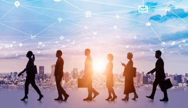 istock Multi ethnic group of people walking together. Communication network concept. 1289350986