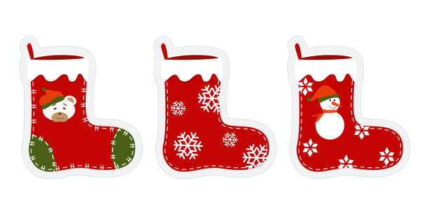 Three Christmas Stockings With Funny Drawings Stickers Cliparts For Xmas  Red Green Socks With Snowman Snowflakes Polar Bear In Hat Hanging Stockings  Isolated On White Background Vector Stock Illustration - Download Image