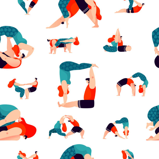 Acro yoga seamless patterns Acro yoga - seamless pattern with cute cartoon characters doing asanas. Great choice for textile or wallpapers print, apparel or yoga studio brand design. acroyoga stock illustrations