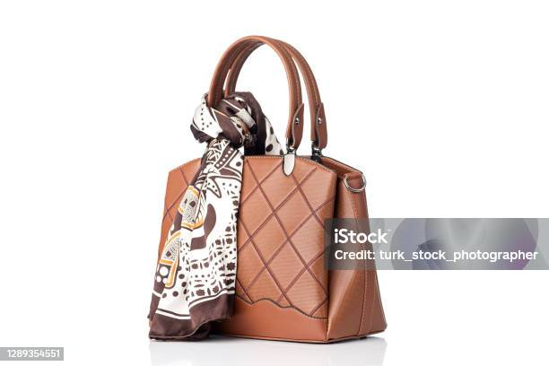 Luxury Brown Female Hand Bag And Scarf Isolated On White Background Stock Photo - Download Image Now