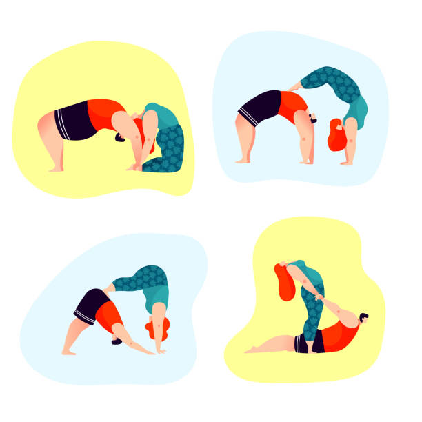 Acro yoga. Collections of asanas. Pair yoga poses. A couple practicing acro yoga. Set of cute characters doing asanas. Vector illustration. Trendy character's design. acroyoga stock illustrations