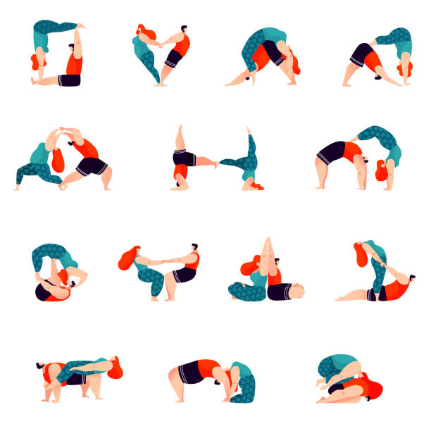 Acro yoga. Collections of asanas. Pair yoga poses. A couple practicing acro yoga. Set of cute characters doing asanas. Vector illustration. Trendy character's design. acroyoga stock illustrations