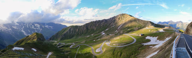Panorama of Grossglockner High Alpine Road with approaching thunderstorm and sunset. The road trip is the highest surfaced mountain pass road in Austria. The view of Edelweispitz. Winding road Panorama of Grossglockner High Alpine Road with approaching thunderstorm and sunset. The road trip is the highest surfaced mountain pass road in Austria. The view of Edelweispitz. Winding road. grossglockner stock pictures, royalty-free photos & images