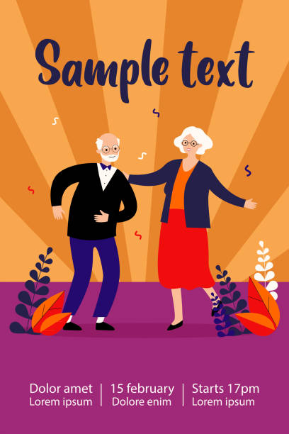 Active funny old couple dancing at party Active funny old couple dancing at party. Grandparents celebrating anniversary. Vector illustration for senior age, retirement, having fun, celebration concept old people dancing stock illustrations