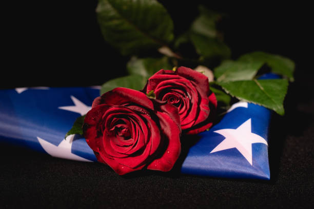 istock red roses and american flag on black background, funeral concept 1289357430