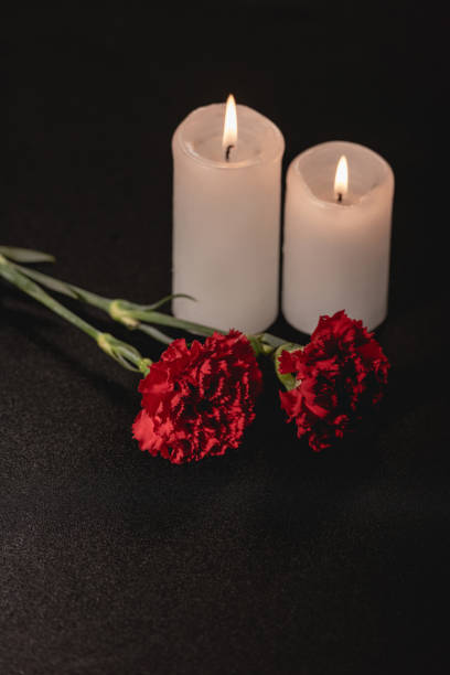 istock red carnation flowers and candles on black background, funeral concept 1289357486