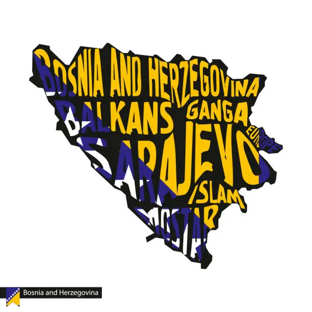 Vector illustration of Typography map silhouette of Bosnia and Herzegovina in black and flag colors.