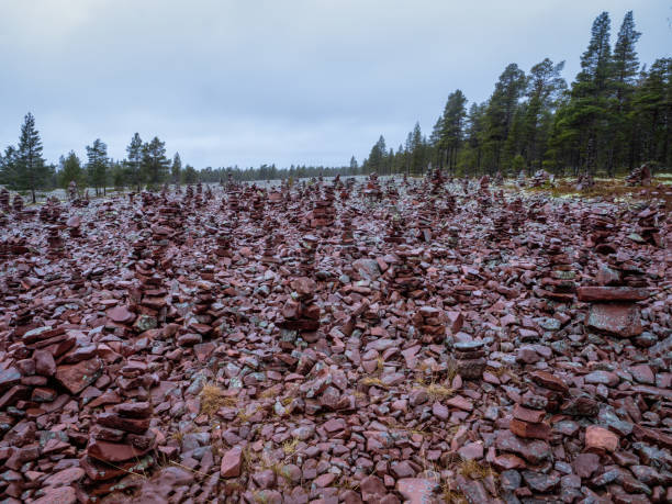 istock Touristic pyramid balanced stack of stones at the autumn tundra. 1289358517