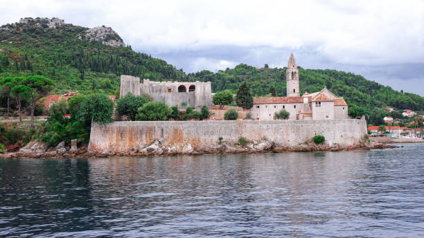 Panoramic view of Lopud Island view from the boat. Elaphiti Islands view of the Lopud Island near Dubrovnik from the boat. Elaphiti archipelago dubrovnik lopud stock pictures, royalty-free photos & images