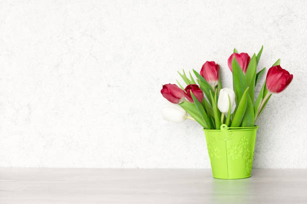istock Tulip flower bouquet on the table against the wall. Copy space. Spring background 1289359821