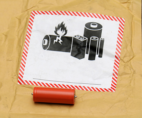 Battery warning label on secure envelope package for transporting flammable metal lithium batteries