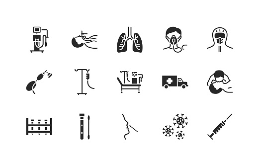 Artificial lung ventilation flat glyph icons set. Coronavirus test and medical equipment for covid-19. Nasal swab laboratory test, icu, oxygen mask, mouth-to-mouth resuscitation, doctor in protective clothing.