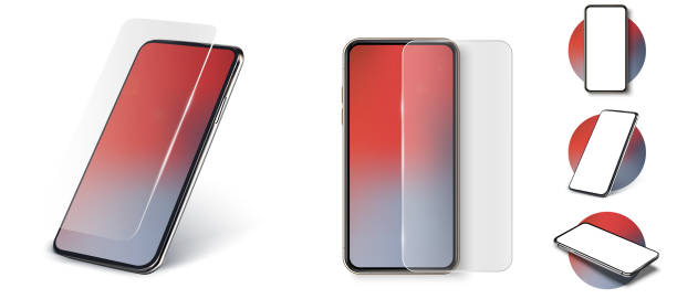 Realistic smartphone mockup UI/UX. Smartphone with glass screen protector set. Transparent tempered glass shield for phone. Phone with transparent plastic protection film against damage and scratches Realistic smartphone mockup UI/UX. Smartphone with glass screen protector set. Transparent tempered glass shield for phone. screen partition stock illustrations