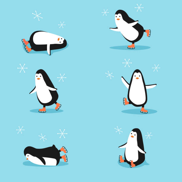 ilustraciones, imágenes clip art, dibujos animados e iconos de stock de conjunto de pinguinos de dibujos animados en diferentes poses. de pie, sentado, mintiendo. ilustración vectorial. - ice skating