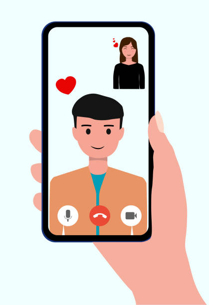 Video call concept. Lovers are having video calls using the smartphone. Love during quarantine. Human hand hold device with people on screen. People and gadgets. Love on distance. illustration Video call concept. Lovers are having video calls using the smartphone. Love during quarantine. Human hand hold device with people on screen. People and gadgets. Love on distance. illustration distant love stock illustrations