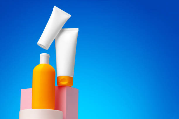 istock Skincare beauty products container against blue background 1289367911
