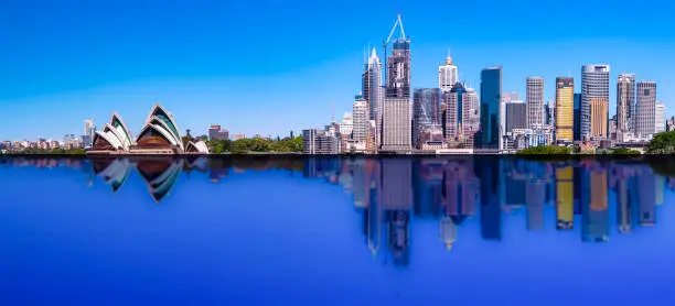 Photo of Sydney CBD skyline with reflection of buildings in the harbour waters