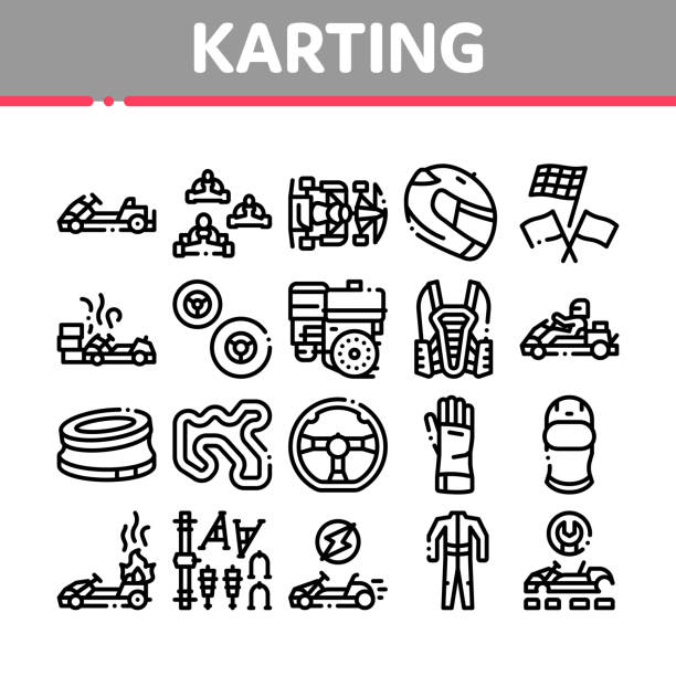 ilustraciones, imágenes clip art, dibujos animados e iconos de stock de iconos de la colección karting motorsport set vector - sport go cart go carting sports race