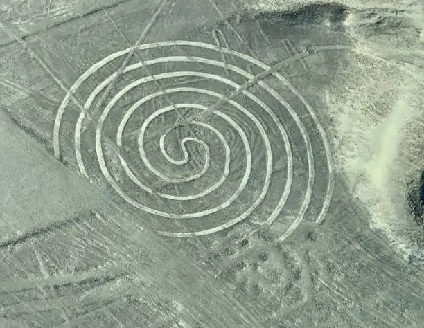 Photo of Spiral c figure Geoglyph Nazca Lines Geoglyphs Nasca desert, Peru, aerial view mystery ancient Nazca culture. Famous giant lines on plateau Nazca in Peru circular geoglyph , Massive ancient drawings in Peruvian Desert Nasca.