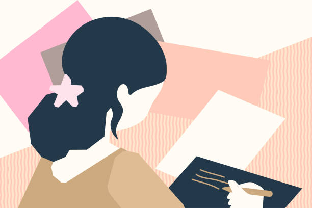 Woman doing paperwork Back view of woman sitting at desk and writing (notes, letters, invitations…) on sheets of paper. Home office vector illustration. writing notes stock illustrations