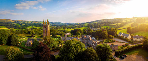 Aerial view of Widecombe in the Moor, a village and large civil parish on Dartmoor National Park in Devon stock photo