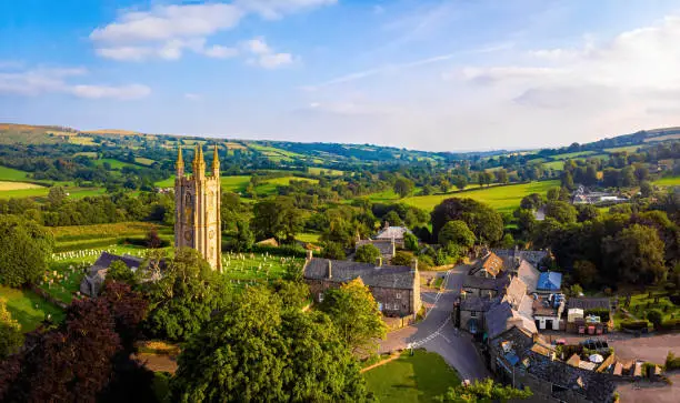 Aerial view of Widecombe in the Moor, a village and large civil parish on Dartmoor National Park in Devon, England, UK