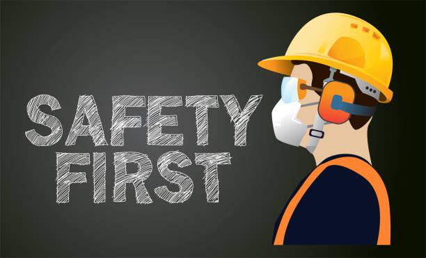 illustrations, cliparts, dessins animés et icônes de équipement de sécurité, concept de construction, chapeau dur jaune de sûreté - safety sign protective workwear factory