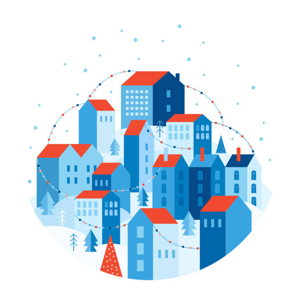 ilustraciones, imágenes clip art, dibujos animados e iconos de stock de paisaje urbano de invierno en estilo geométrico. la ciudad de nieve festiva está decorada con guirnaldas de colores. casas en la colina entre árboles y nieves. año nuevo y paisaje navideño. ilustración plana vectorial - winter scape