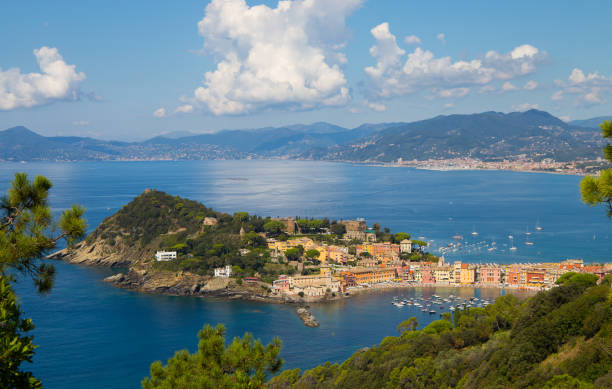 Aerial view of the "Baia del Silenzio" (Bay of Silence) in Sestri Levante, Ligurian coast, Genoa province, Italy. stock photo