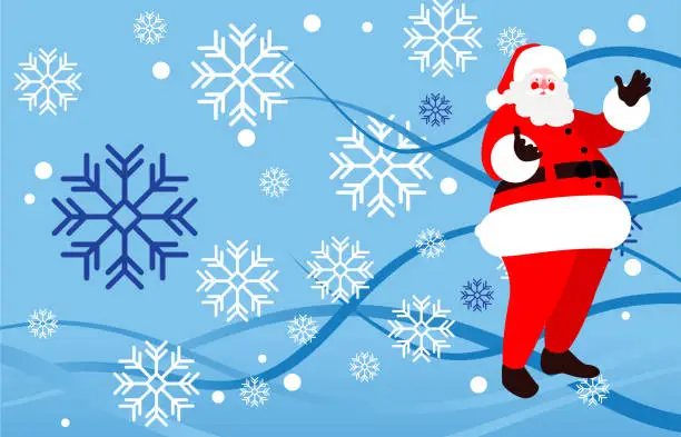 Vector illustration of Santa Claus cartoon standing with Christmas white snowfall.
