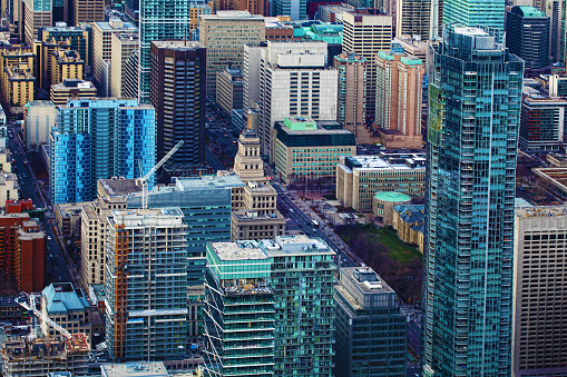 An Aerial view of a cluster of Toronto office buildings