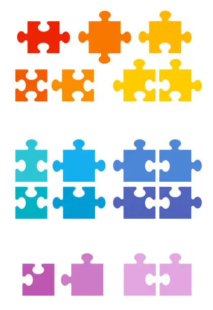 Vector illustration of Different jigsaw puzzle pieces. Possible shapes of an normal game with and without edges and corners. Colorful sample set. Isolated vector illustration on white background.