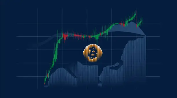 Vector illustration of Financial market bull market graphic from trading screen platform with price candles and volume bars to depict a charging bull motion with Bitcoin on a dark background