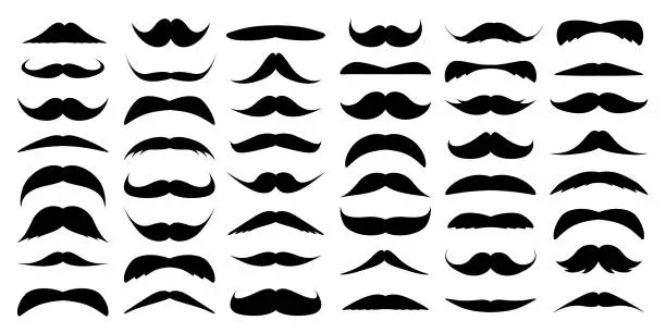 Vector illustration of Mustache collection. Vintage moustache isolated on white. Facial hair. Hipster beard. Vector illustration