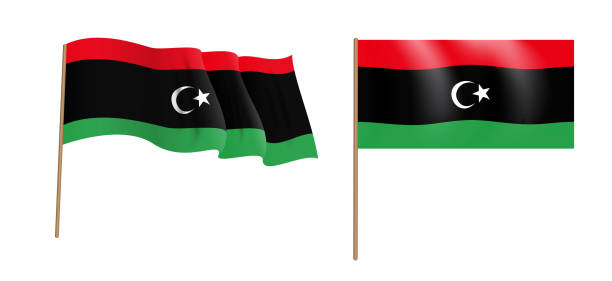 kolorowe naturalistyczne macha flagą państwa libii. ilustracja wektorowa - libyan flag stock illustrations