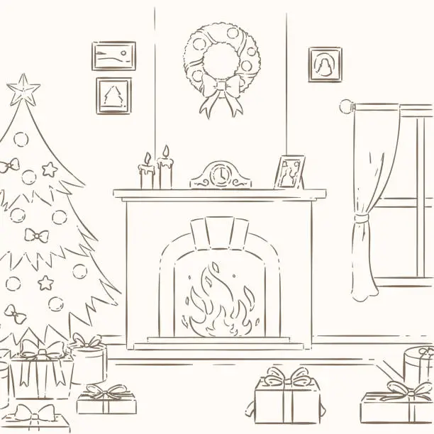 Vector illustration of Hand Draw Christmas Fireplace Scene