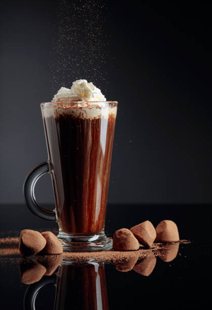 truffles and glass of hot chocolate with whipped cream. - 7678 imagens e fotografias de stock