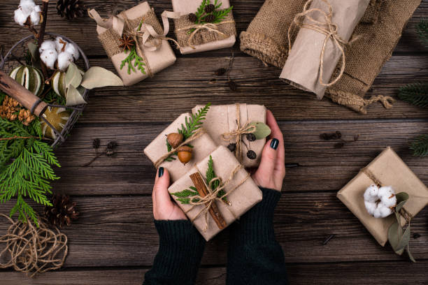 istock Christmas gift boxes in craft paper 1289400345