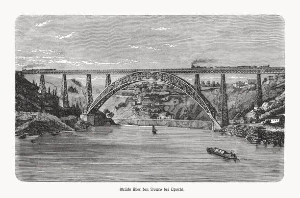 ilustrações de stock, clip art, desenhos animados e ícones de maria pia bridge, porto, portugal, wood engraving, published in 1893 - douro